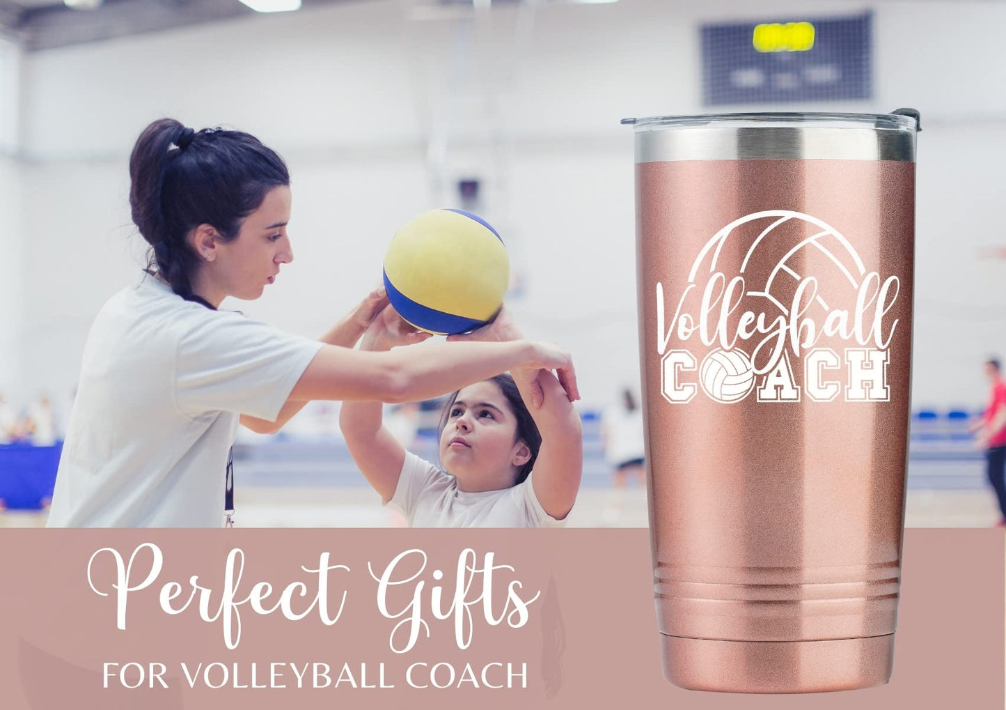 Onebttl Volleyball Coach Gift, Funny Gift Idea for Appreciation, Christmas, Birthday, 20oz Stainless Steel Insulated Travel Mug - RoseGold