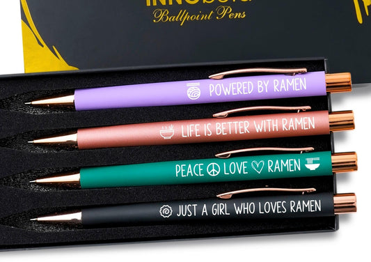 InnoBeta Ramen Gifts, Powered by Ramen, Japanese Gifts, Ballpoint Pen Set of 4