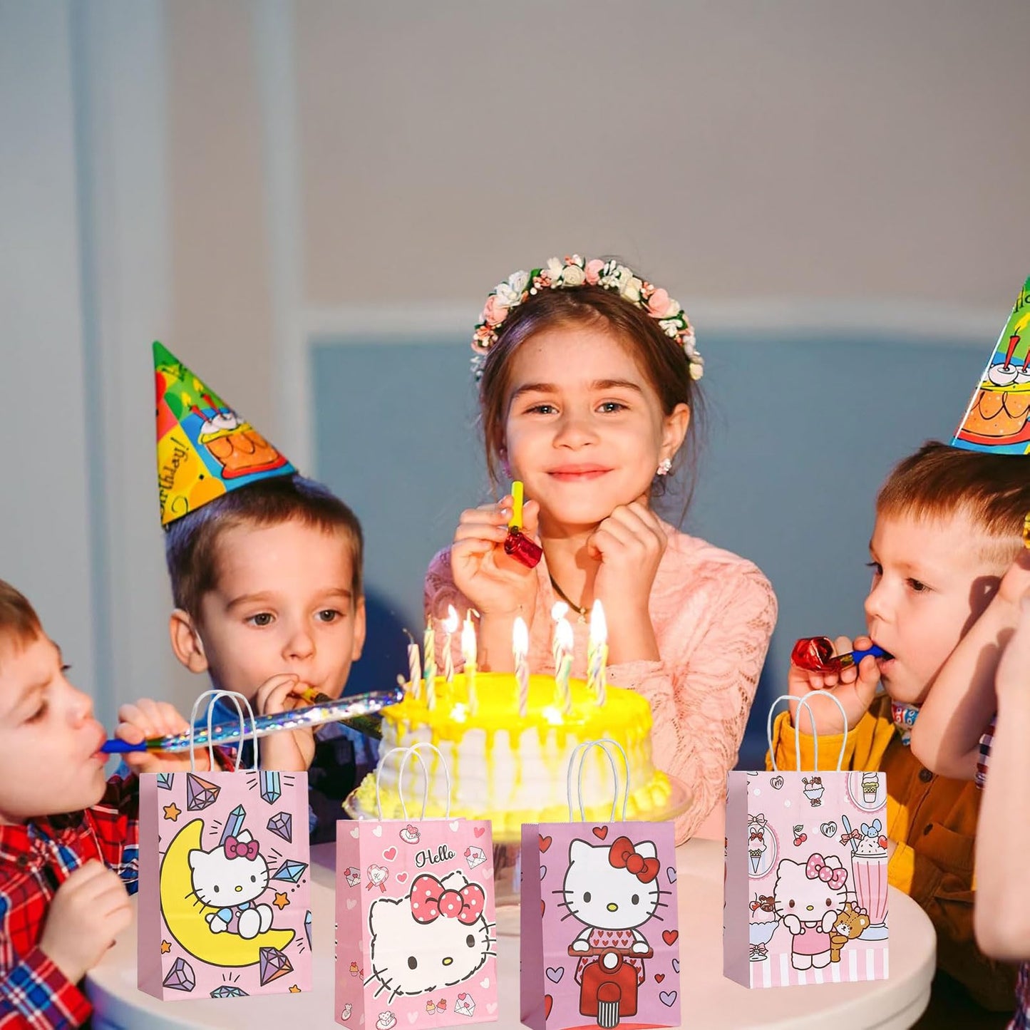 Cute Birthday Party Supplies, 12 Pcs Party Favor Bags, Candy Goodie Treat Bags with Handle, Cartoon Birthday Party Decorations (B)