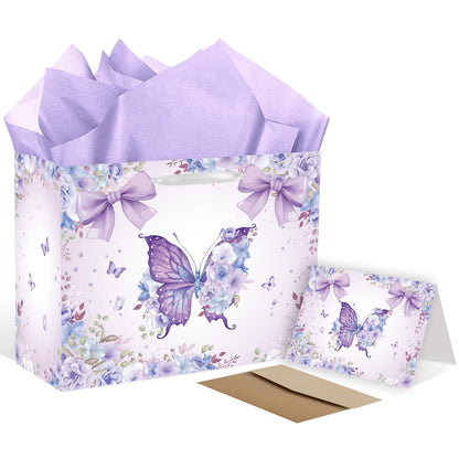 SolarGlory Large Butterfly Birthday Gift Bag with Card & Tissue Paper – Purple Happy Birthday Party Favors for Women, Girls, Baby Shower, Bachelorette Theme Party Decorations