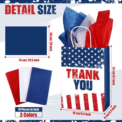 16 Pcs Patriotic Thank You Gift Bags with 18 Red White Blue Tissue Paper American Flag Party Favor USA Paper Treat Goodie Bags with Handle for 4th of July Veterans Memorial Independence Day Party