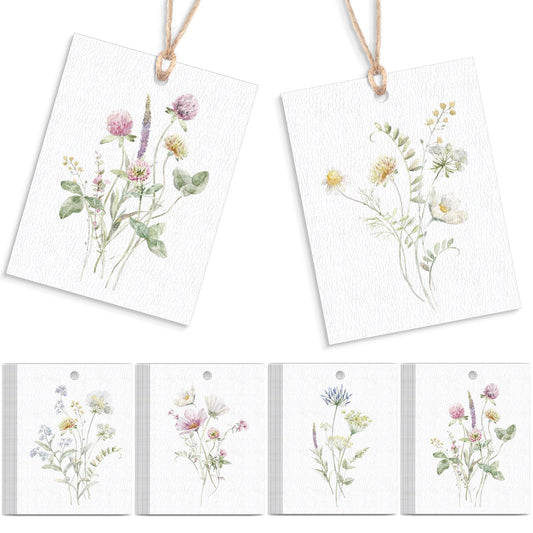 AmazingSpark 50 Set Floral Blank Gift Tags with String, 2x3 in Watercolor Flower Paper Hang Tags for Mother's Day Bridal Baby Shower Birthday Wedding Party Favors Supplies(Cozy,Elegant Style)