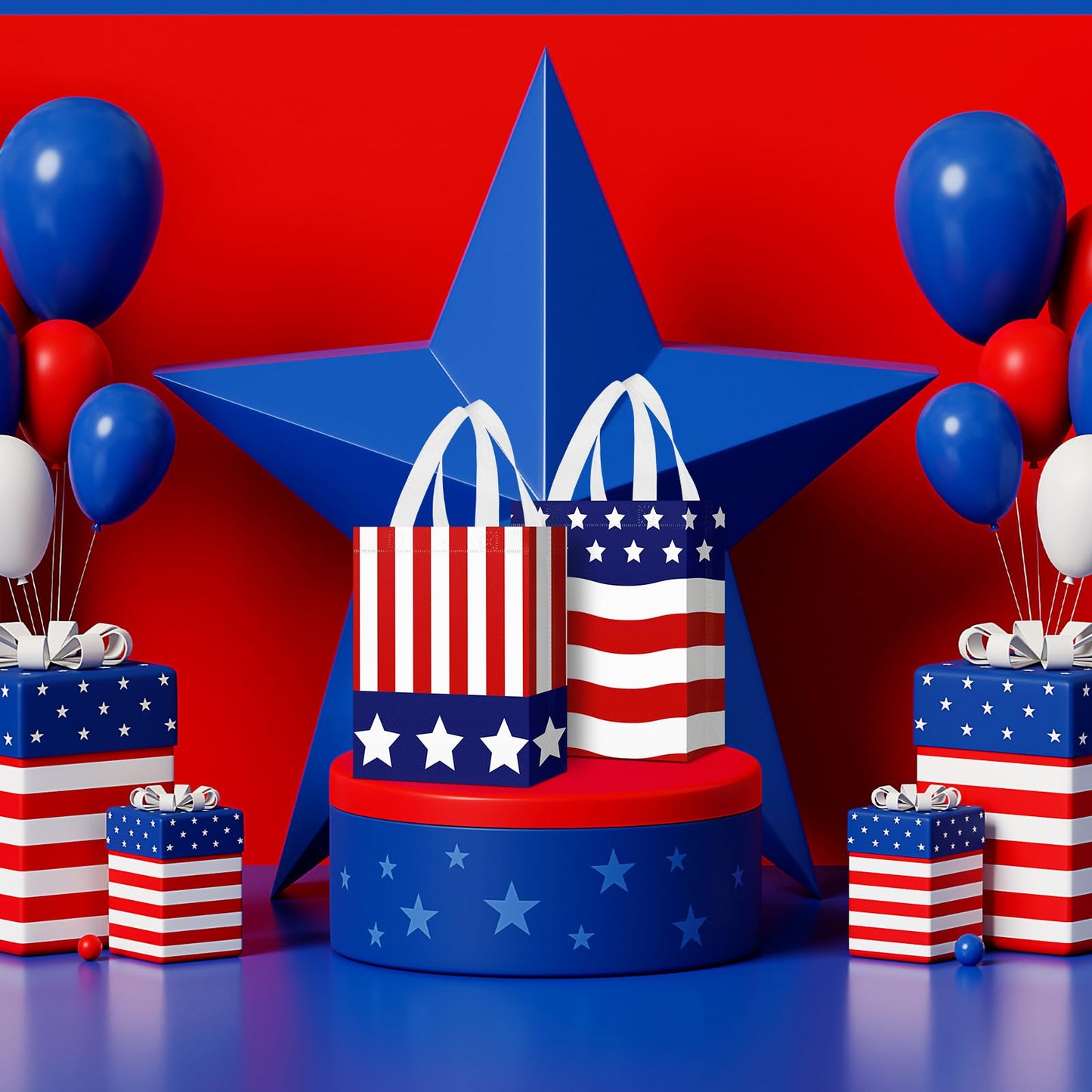 Locmeo 24 Pcs 4th of July Patriotic Party Favor Bags with Handles Reusable Non Woven American Flag Goodie Bags Independence Day Gift Bag for Girl Boy Birthday Memorial Party Supplies, 8 x 4 x 10 Inch