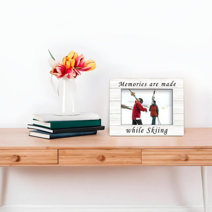 Ski Gifts Picture Frame 4x6, Ski Skiing Wooden Picture Frame, SkiGifts for SkiLovers Skier, Memories are Made While Skiing Decorative Photo Frames for Table Desk Ski Lodge Decor