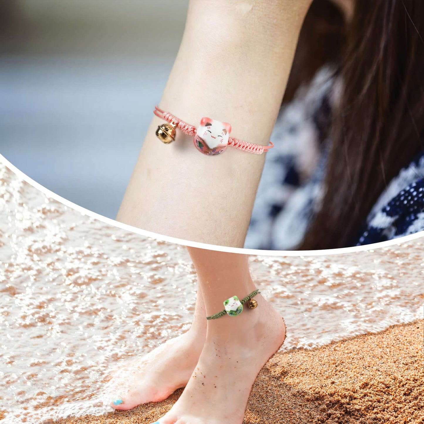 Sureio 3 Pieces Cat Maneki Neko Bracelet Cute Lucky Cat Ceramic Beads Bracelet Lucky Japanese Fortune String Hand Chain with Bell, Adjustable