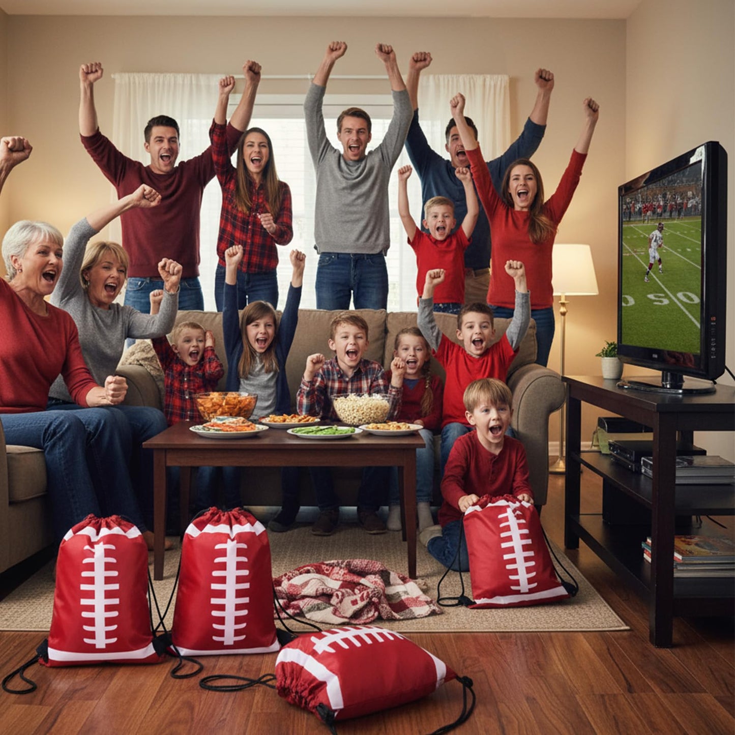 24 Pieces Football Bags Large Football Gift Bags 10 x 12 Inch Sports Party Favors Drawstring Backpacks, Premium Polyester Themed Goodie Bag for Super Bowl Birthday Celebration Supplies