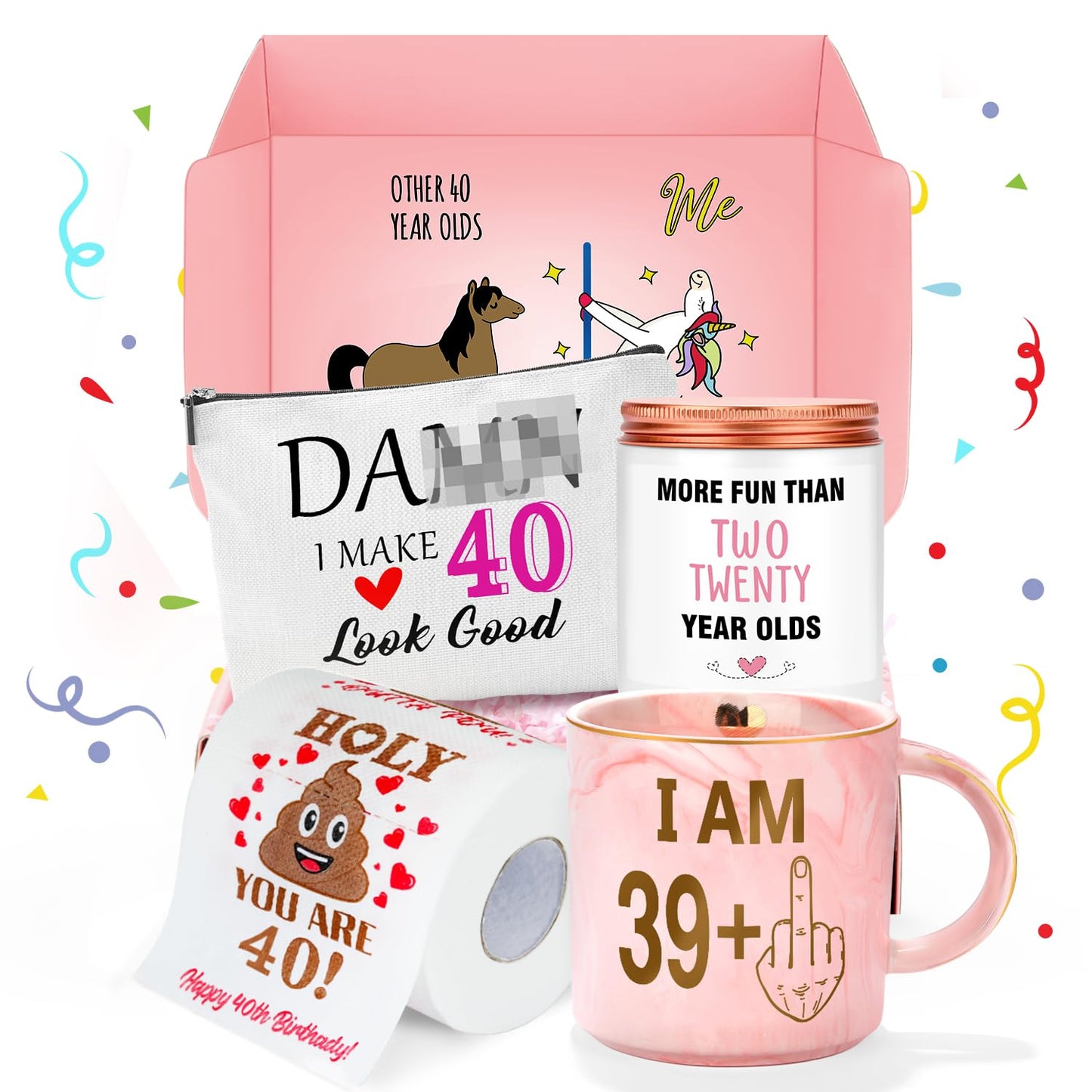 Pradnel 40th Birthday Gifts Women Funny 40 Year Old Birthday Gifts for Women 40 and Fabulous Decorations 40th Bday Gift Ideas for Woman 40s Her Best Friend - Coffee Mug Card Makeup Bag Toilet Paper