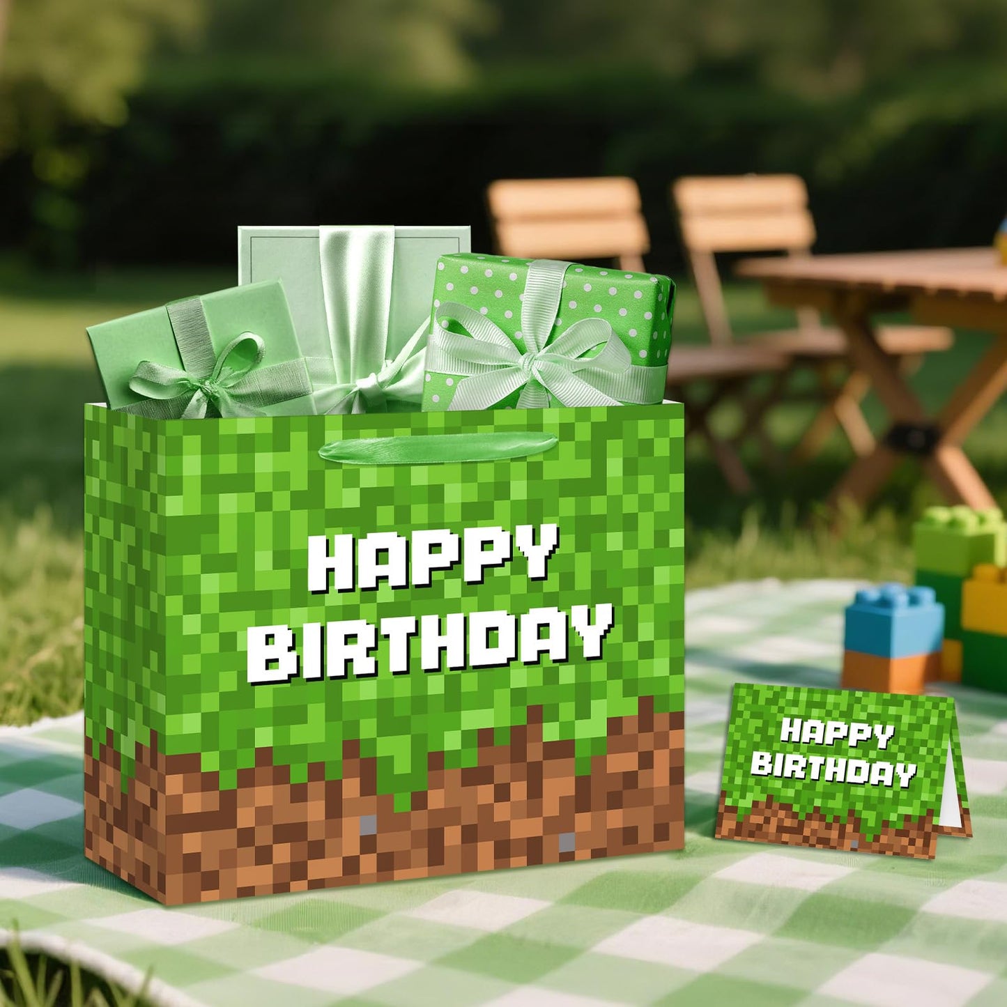 13" Large Green and Brown Pixel Birthday Gift Bag with Tissue Paper and Greeting Card Pixel Miner Theme Party Favor Bags Video Game Party for Boys Girls Kids Teenagers Birthday Decor