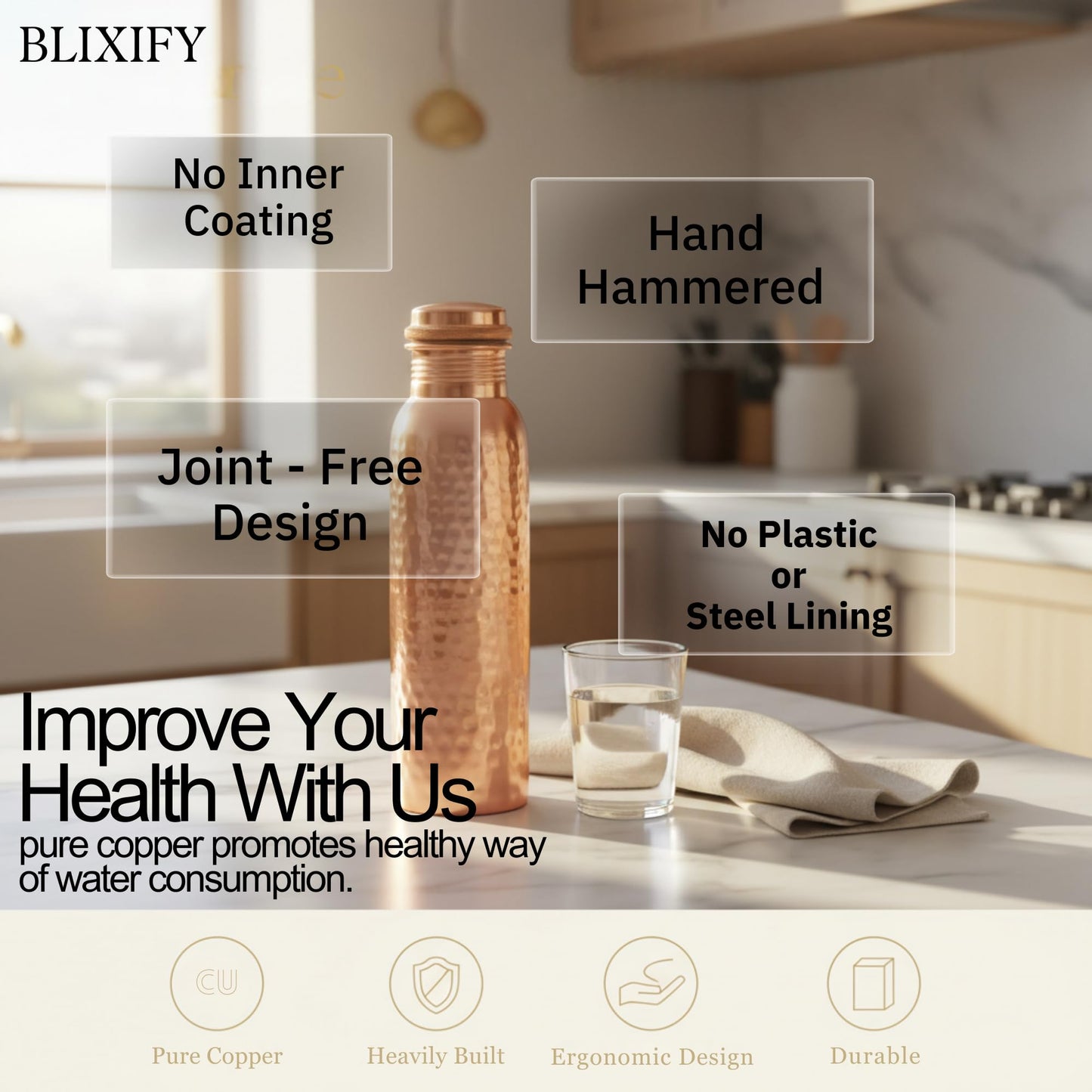 Copper Water Bottle 34oz - 100% Pure Ayurvedic Handcrafted Design - Eco-friendly Premium Quality - Bpa-free Heavy Duty Leak-proof & Lab-tested - Health Benefits for Daily Use, Sports, Travel & Gifting