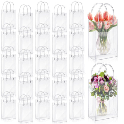 LEIFIDE 50pcs Clear Plastic Gift Bags with Handles PVC Reusable Transparent Totes Bags for Goodie Candy School Birthday Party(7.1 x 9.4 x 3.1 Inch)