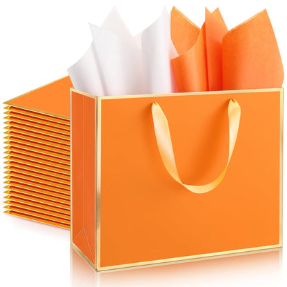 ReliThick 12 Pack Metallic Paper Gift Bag with Handles and Tissue Paper 11.8 x 10 x 4'' Thank You Favor Bag for Graduation Mother's Day Wedding Bridesmaid Groomsman 5 Senses Gifts (Orange,Gold)