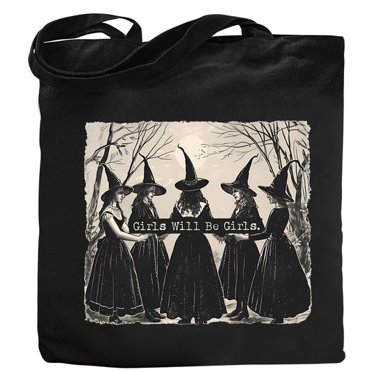 Kimoli Aesthetic Witchy Canvas Tote Bag for Women Funny Witchy Gifts for Women Cute Girls Will Be Girls Canvas Bag Spooky Reusable Beach Shoulder Grocery Casual Bag for Work Travel, Black