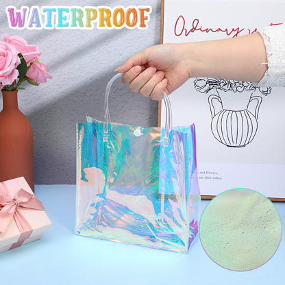 Yuanan 16 PCS Holographic Gift Bags, Iridescent Gift Bags Reusable Pvc Gifts Wrap Bag Clear Gifts Bag with Handles for Shopping Christmas Holiday Party Favor(7.8 X 7.8 X 3.5 Inch, Rainbow)