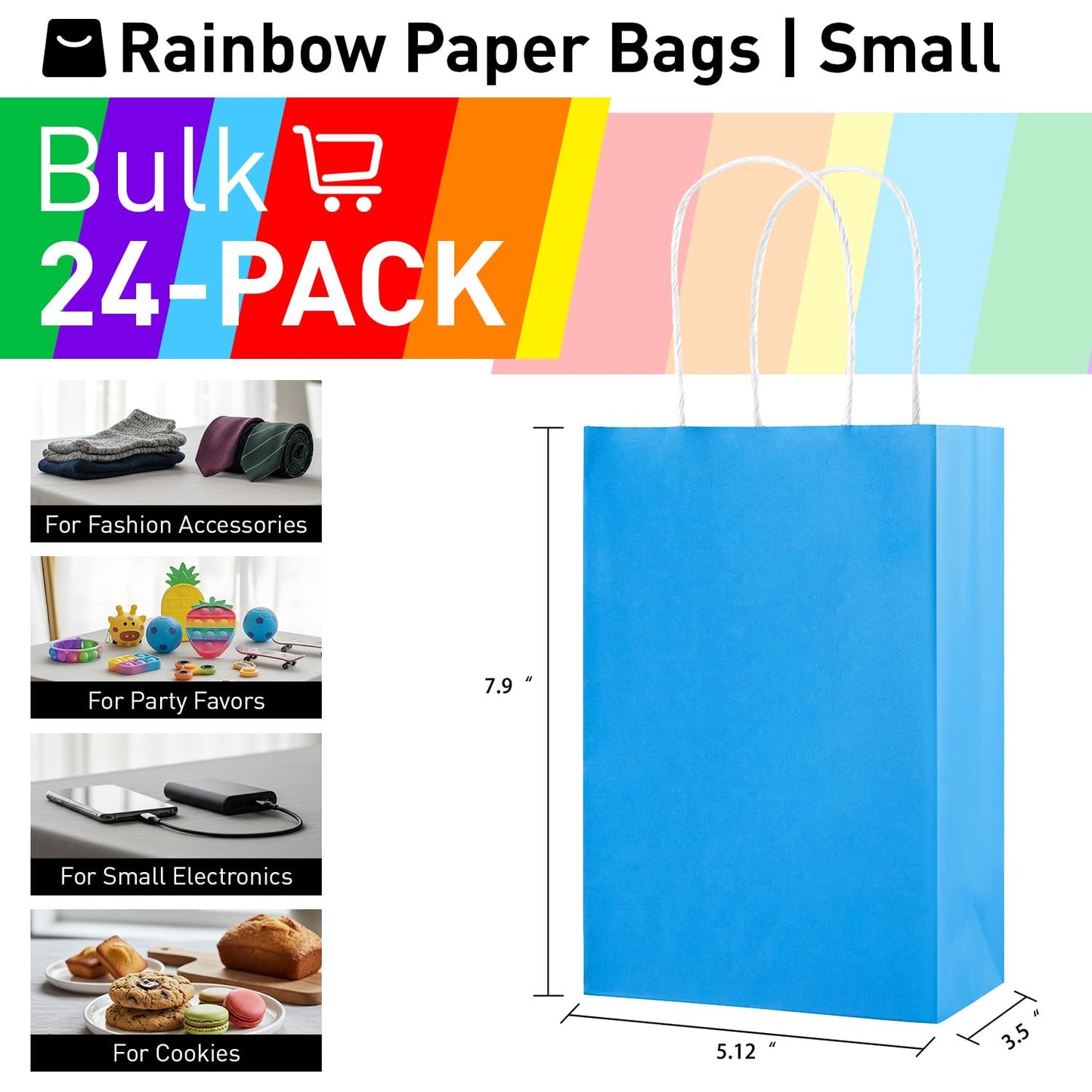 SUNCOLOR 24-Pack Rainbow Gift Bags with Handles, 8" Multi-Color Paper Party Favor Bags for Goodies. Birthdays, Events, Classrooms & Celebrations