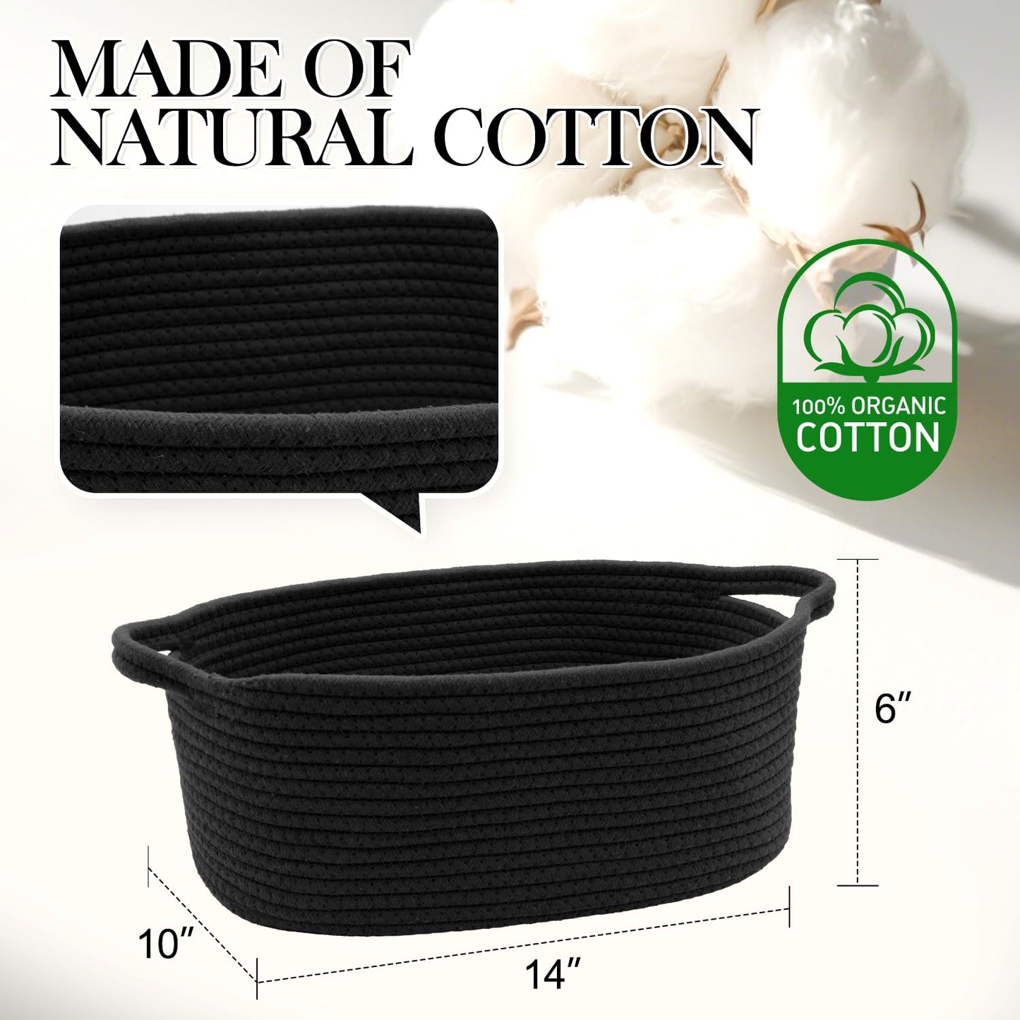 Woven Basket with Gift Bags and Ribbons, 14"X 10" X 6" Gift Storage Organizer Bin Shelf Shelves Cotton Rope Basket for Nursery, Pet Toys (Black)