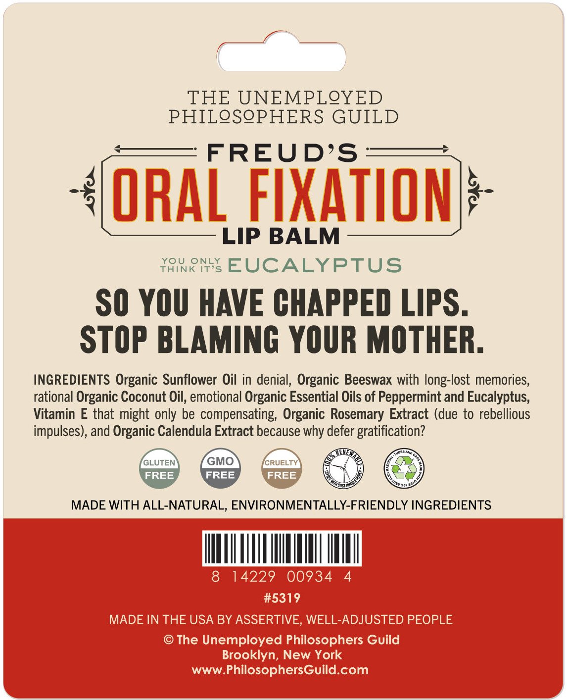 The Unemployed Philosophers Guild Sigmund Freud's Oral Fixation Lip Balm - Eucalyptus Mint Flavored, Cruelty-Free and Made in the USA from Natural and Imported Ingredients