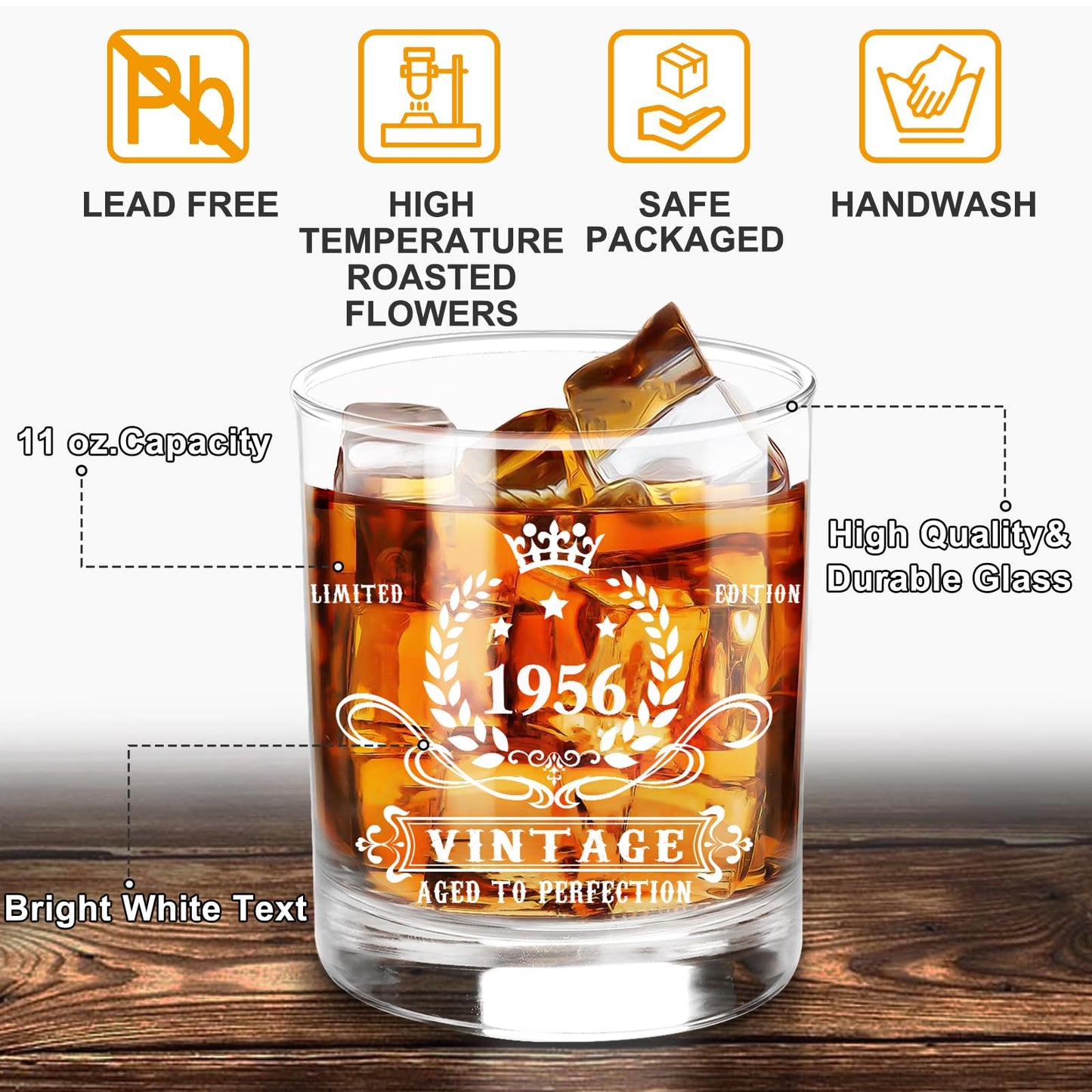 YeohJoy 70th Birthday Gifts for Men,Vintage 1956 Whiskey Glass Set,Wood Box & Whiskey Stones & 1956 Poster Anniversary Card & Coaster,Birthday Gifts Ideas for Him,Husband,Dad
