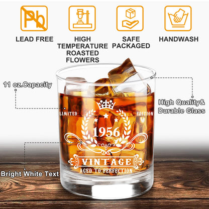 YeohJoy 70th Birthday Gifts for Men,Vintage 1956 Whiskey Glass Set,Wood Box & Whiskey Stones & 1956 Poster Anniversary Card & Coaster,Birthday Gifts Ideas for Him,Husband,Dad