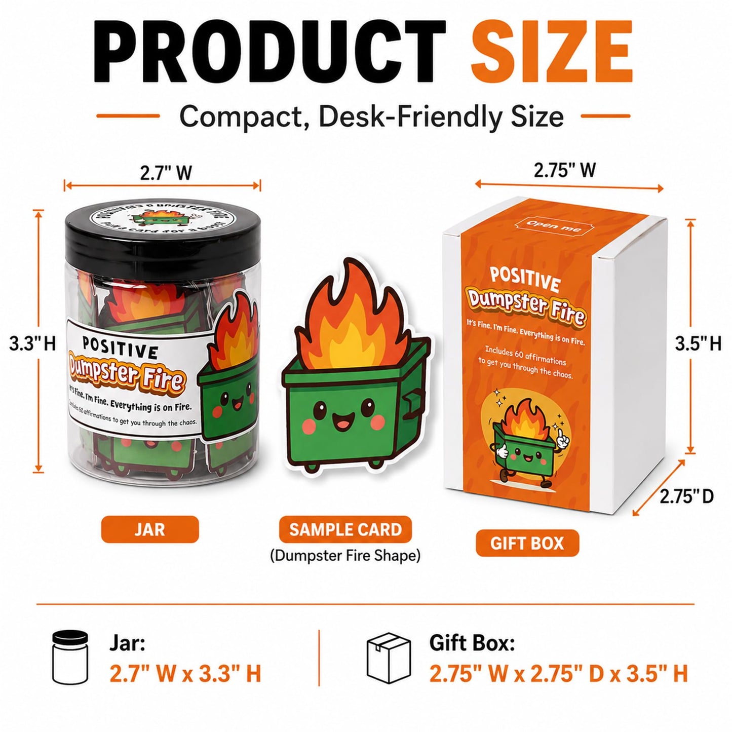 Emotional Supports Dumpster Fire Jar, 60 Positive Affirmation Cards, Dumpster Fire Desk Accessories, Relaxation Gifts, Coworker Gifts for Women, Great Gift for Boss, Teacher, Friends