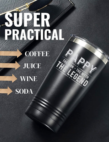 Onebttl Pappy Gifts Tumbler from Granddaughters and Grandsons for Christmas Birthday Father's Day, Stainless Steel Cup with Lid, 20oz/590ml - The Man The Myth The Legend
