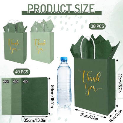 Whaline 30Pcs Sage Green Thank You Paper Gift Bags 6.3 x 3.1 x 8.7 inch 3 Colors Gold Foil Thank You Party Favor Bag with Handle 40 Sheet Tissue Paper for Wedding Birthday One Lucky Duck Gift Wrapping