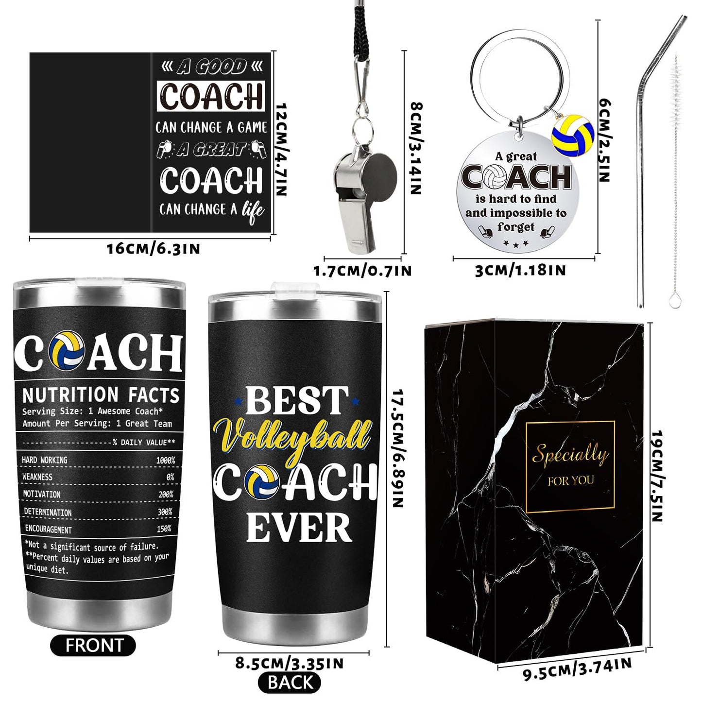 Keluna Volleyball Coach Gifts for Men - Volleyball Coach Appreciation Thank You Team Player Sports Lover Gift for Men Brother Husband Teacher Colleague Tumbler Cup Keychain Whistle Greeting Cards