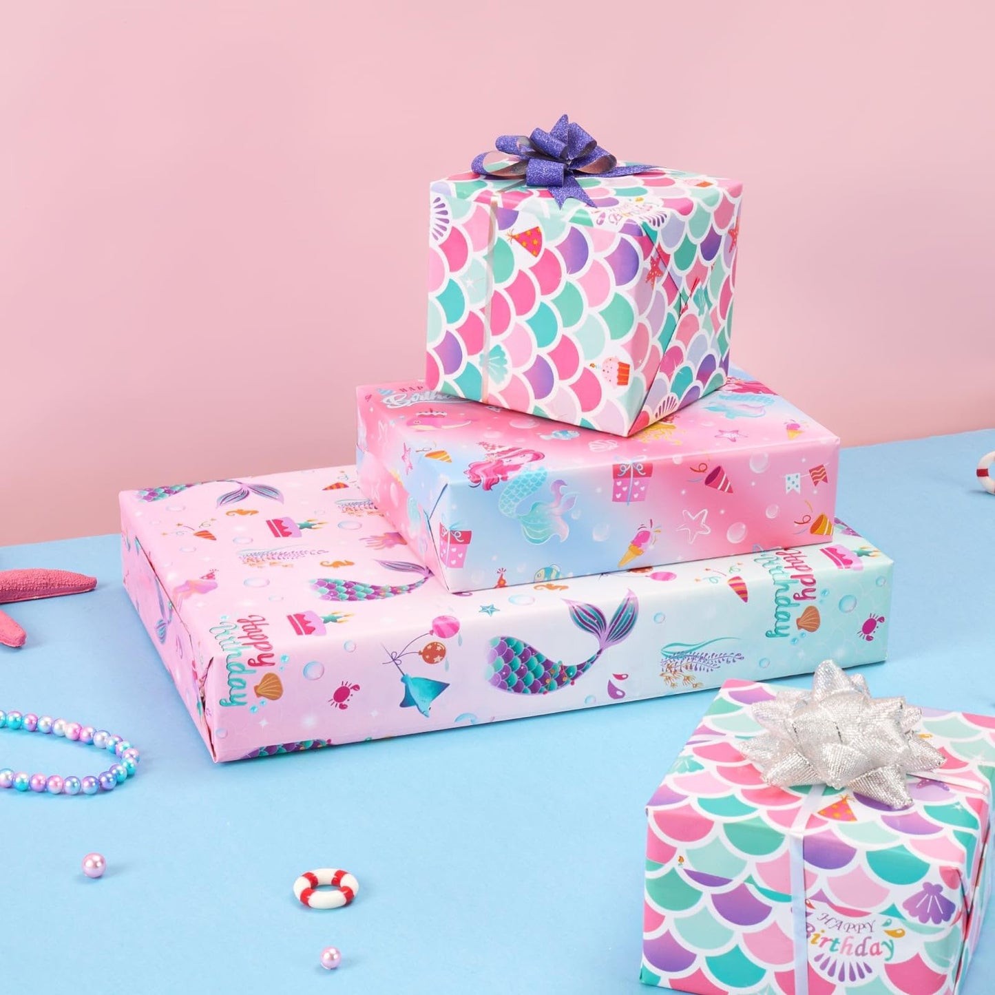 WERNNSAI Mermaid Wrapping Paper - 3 Rolls 17” x 120” Girls Birthday Wrapping Paper Rolls Mermaid Gift Wrap Paper Kids Pink Baby Shower Ocean Theme Party Gift Packing Supply with Cutting Lines