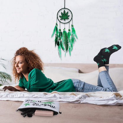 Wenqik 3 Pcs Green Leaf Gifts for Women, Friends, Mom, Green Enthusiasts Include Embroidery Dream Catcher, Makeup Zipper Bag, Stockings Cotton for Valentine Mind Birthday Christmas Party