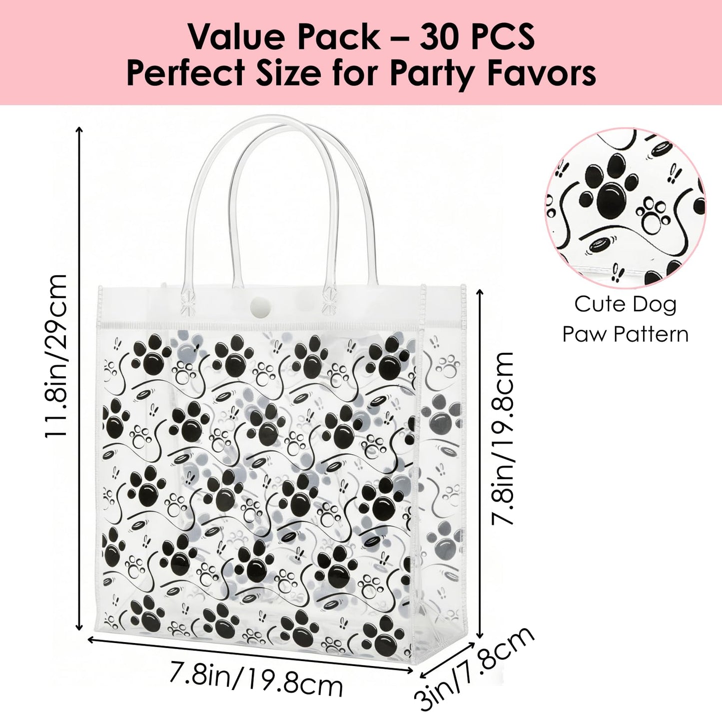 Youeon 30 Pcs Dog Paw Clear Gift Bags with Handles, 8x8x3 Inch Reusable PVC Treat Bags, Transparent Plastic Tote Bags for Pet Party, Birthday, Baby Shower, Candy, Cookie, Easter Favor Gifts