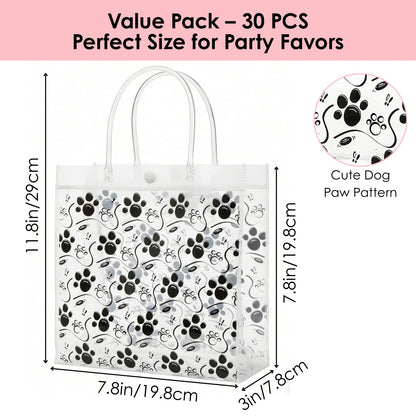 Youeon 30 Pcs Dog Paw Clear Gift Bags with Handles, 8x8x3 Inch Reusable PVC Treat Bags, Transparent Plastic Tote Bags for Pet Party, Birthday, Baby Shower, Candy, Cookie, Easter Favor Gifts