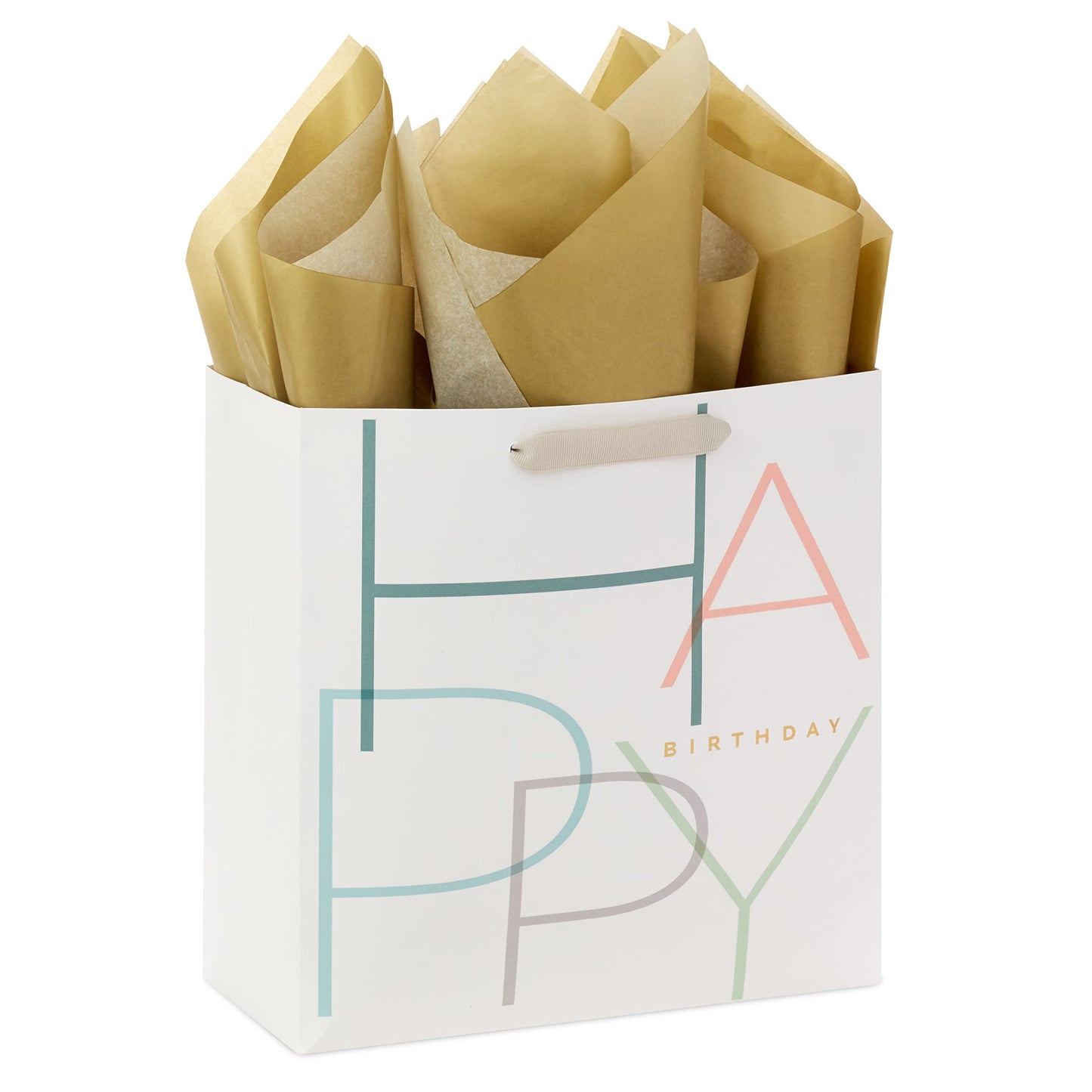 Hallmark Signature Studio 10" Large Square Gift Bag with Tissue Paper (Happy Birthday) Teal, Gray, Pink, Blue on White