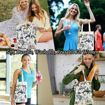 Retro Ocean Animals Turtle Whale Shark Gifts Cosmetic Bags for Women Girls Bestie Lovers Canvas Tote Bag Makeup Bag, Reusable Grocery Bags with Inner Pocket for Gym Beach Birthday Christmas Thank You