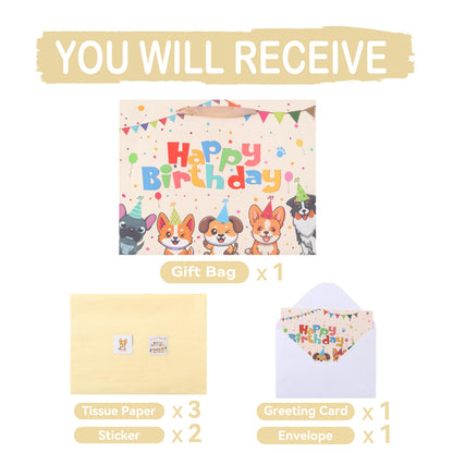 wishinside 13” Large Dog Happy Birthday Gift Bag Set with Handles, Greeting Card, Tissue Papers and Stickers for Girl Boy Kid Women Men, Cream Puppy Design, 1 Pcs