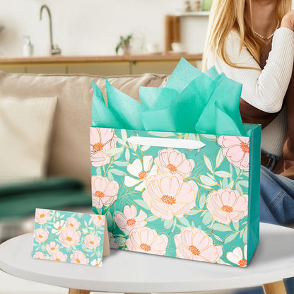 Miakutho 13" Large Gift Bag with Tissue Paper and Card (Floral Design, Gold Foil Accents), 2 Pack Paper Bags with Ribbon Handle for Girls & Women, Birthdays, Baby Shower, Weddings