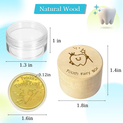 Tooth Fairy Gifts for Girls and Boys Tooth Fairy Box Coin Transparent jar with Gold Foil Reward Coins Wood Baby Keepsake Box for Lost Teeth Kids Birthday Gift (Boy style)