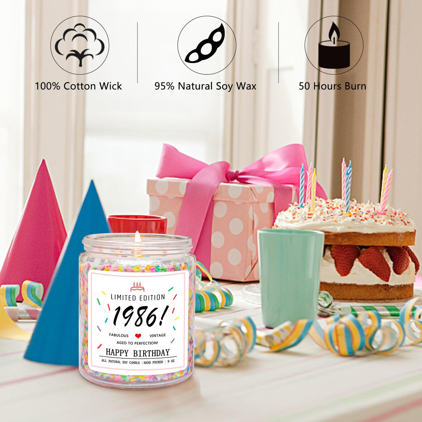 Homsolver 40th Birthday Gifts for Women Ideas, Decorations Gifts for 40 Year Old Woman, 40th Birthday Candles - Limited Edition 1986 Handmade (Vanilla Birthday Cake Scent with Sprinkles)