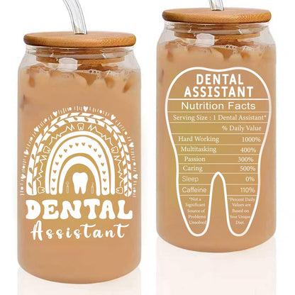 Dental Assistant Gifts, Dental Assistan Appreciation Gift for Women, 16oz Dental Assistant Glass Cup With Straw, Dental Assistant Week Must Haves Travel Coffee Tumbler Mug Cup