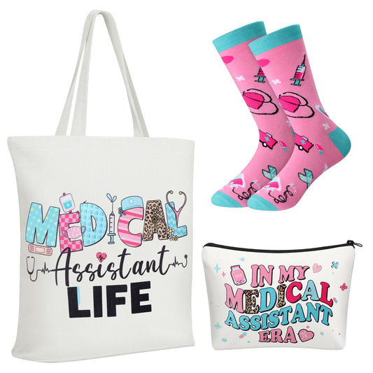 Glitopper 3 Pcs End of Year Medical Assistants Gift Set for Women Canvas Bags Socks Nurse Week End of Year Gift(Medical Assistant)