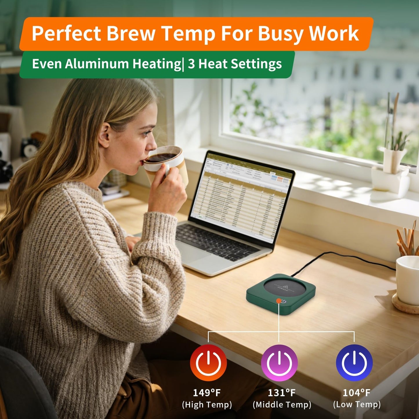 VOBAGA Coffee Mug Warmer for Desk with Auto Shut Off & 3-Temp Settings, Coffee Cup Warmer with Smart Safety Alert Home Office Accessory, Perfect for Coffee, Tea, Milk (No Mug)