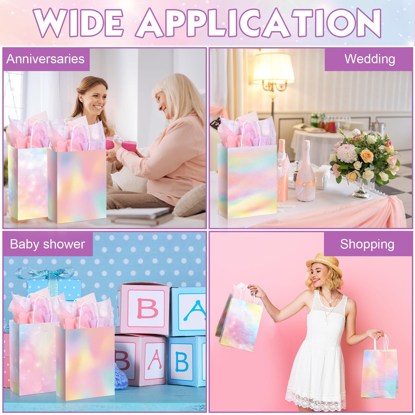 Maitys 24 Pcs Pastel Rainbow Goodie Bags with Tissue Paper, Spring Easter Party Favor Bags Rainbow Party Favor Bag Pastel Gift Bag for Kids Girls Spring Unicorn Birthday Wedding Baby Shower Decor