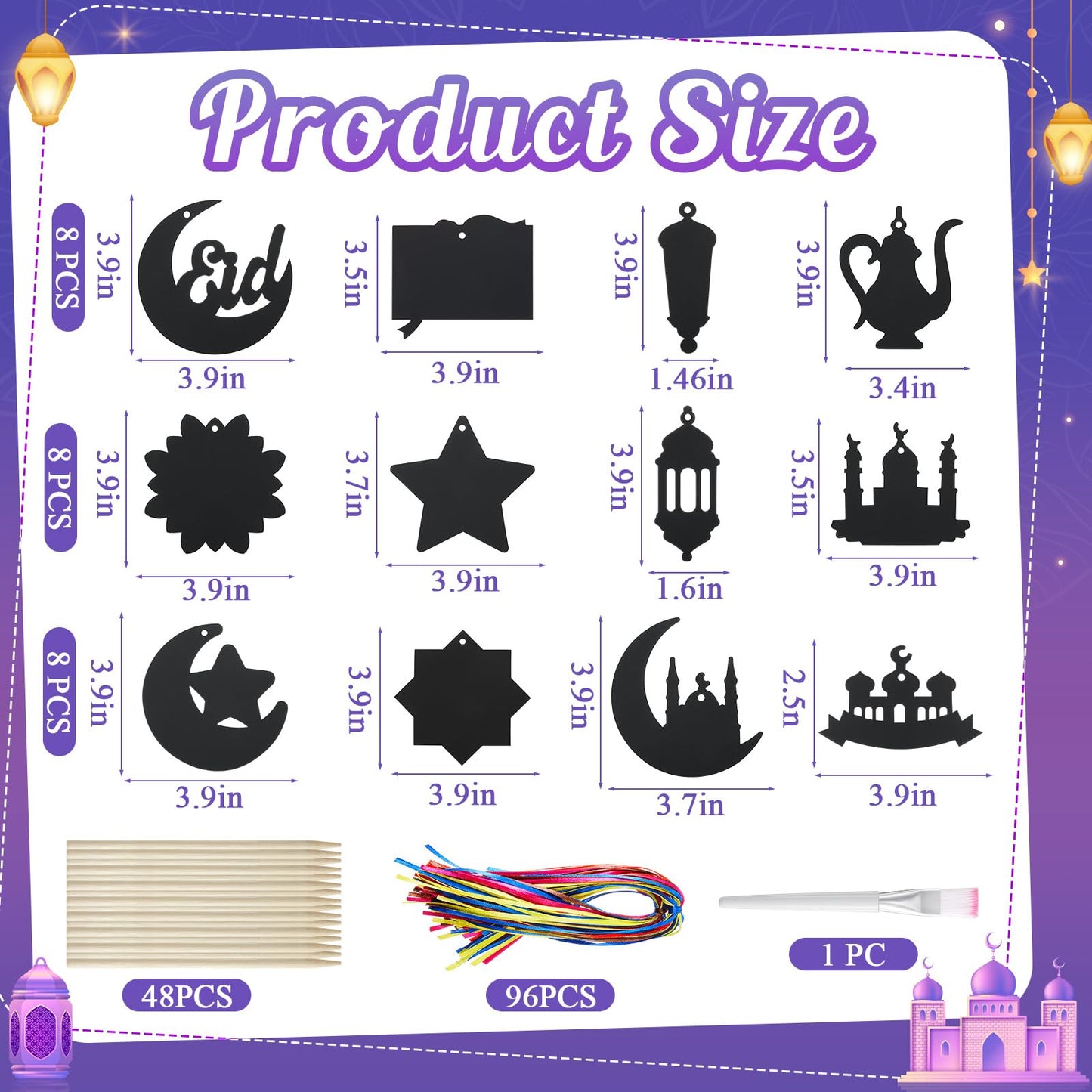 Hollowfly 96 Pcs Ramadan Scratch Paper Kit Eid Mubarak Paper Scratch Off Card Eid Crafts Ramadan DIY Rainbow Hanging Ornament Craft for Ramadan Party Eid Mubarak Activity Drawing Supplies Decor