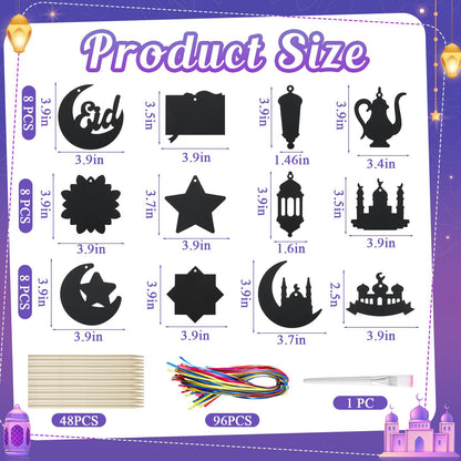 Hollowfly 96 Pcs Ramadan Scratch Paper Kit Eid Mubarak Paper Scratch Off Card Eid Crafts Ramadan DIY Rainbow Hanging Ornament Craft for Ramadan Party Eid Mubarak Activity Drawing Supplies Decor