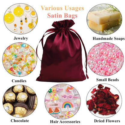 Gbateri Burgundy Satin Bags with Drawstring, 6x9 Inches, 35pcs Party Favor Bags for Baby Shower, Bridal Shower, Christmas