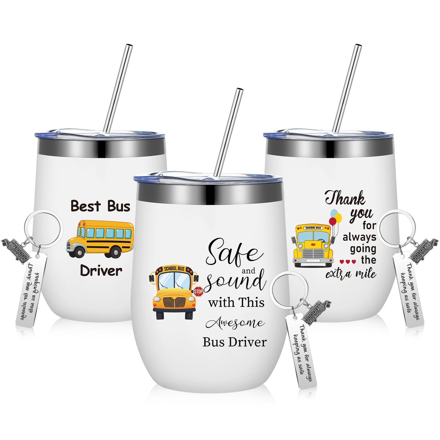 Rtteri 6 Pcs Bus Driver Appreciation Gifts for Men Women School Bus Driver Gifts 3 Stainless Steel Thank You Keychains and 3 Tumbler Cups 12 oz with Lid & Straw