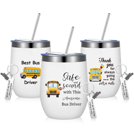 Rtteri 6 Pcs Bus Driver Appreciation Gifts for Men Women School Bus Driver Gifts 3 Stainless Steel Thank You Keychains and 3 Tumbler Cups 12 oz with Lid & Straw