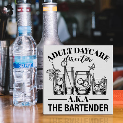 Funny Bartender Gifts for Women Men, Bartender Mixologist Christmas Birthday Gift Farmhouse Home Bar Cart Table Decor Wooden Sign, Adult Daycare Director Aka The Bartender