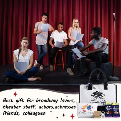Mimorou 6 Pcs Theater Gifts Set for Women Drama Lover Gifts with Trapezoid Canvas Tote Cosmetic Bag Novelty Socks Keychain Bracelet Card for Theater Broadway Lover Musical Actor Graduation Gift