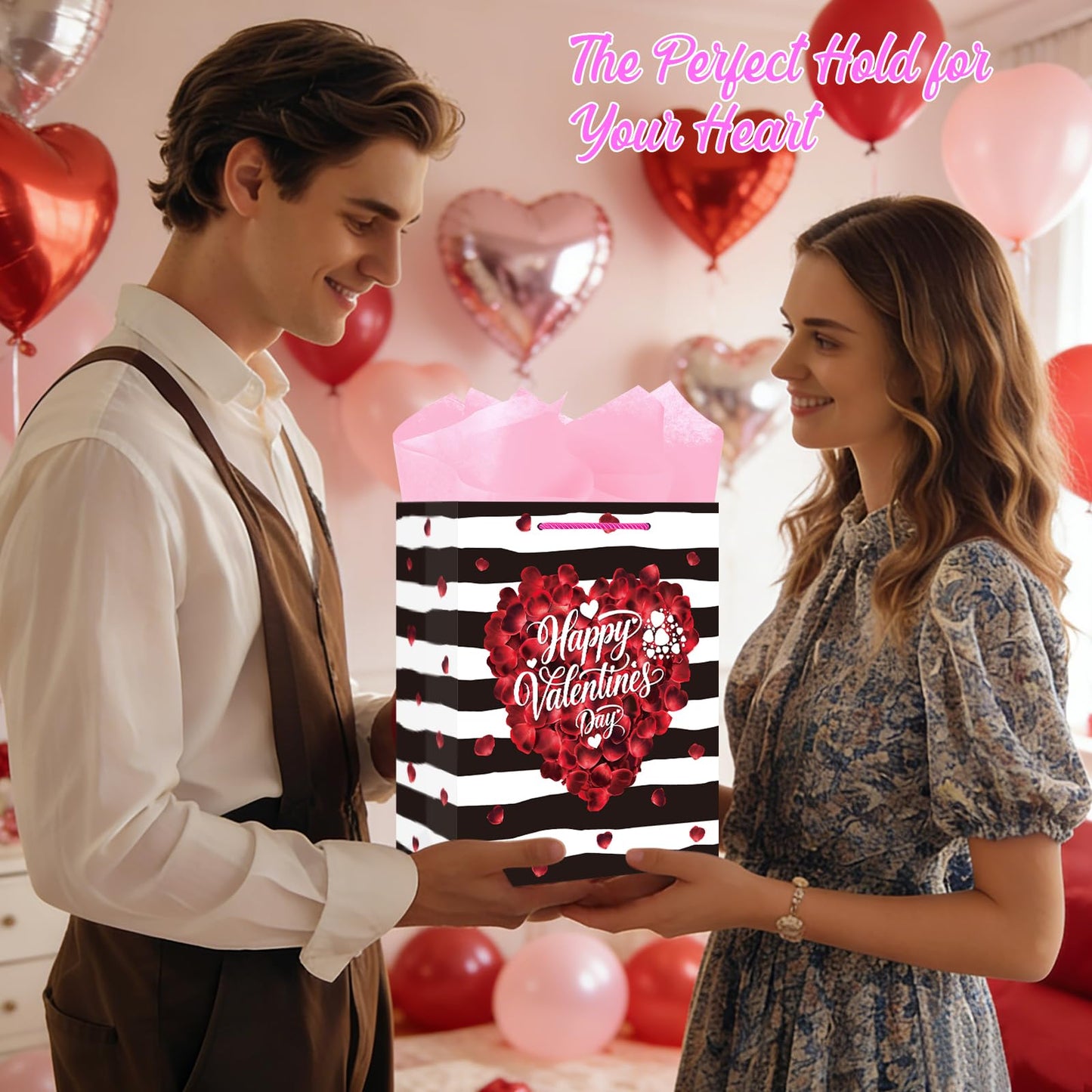 GMEMNOV Happy Valentines Day Gift Bag - 13" Large Valentines Bag with Tissue Paper & Handles, Valentine's Gift Bags for Her Him, Girlfriend Boyfriend, Wife Husband, Women Men Party & Celebrations