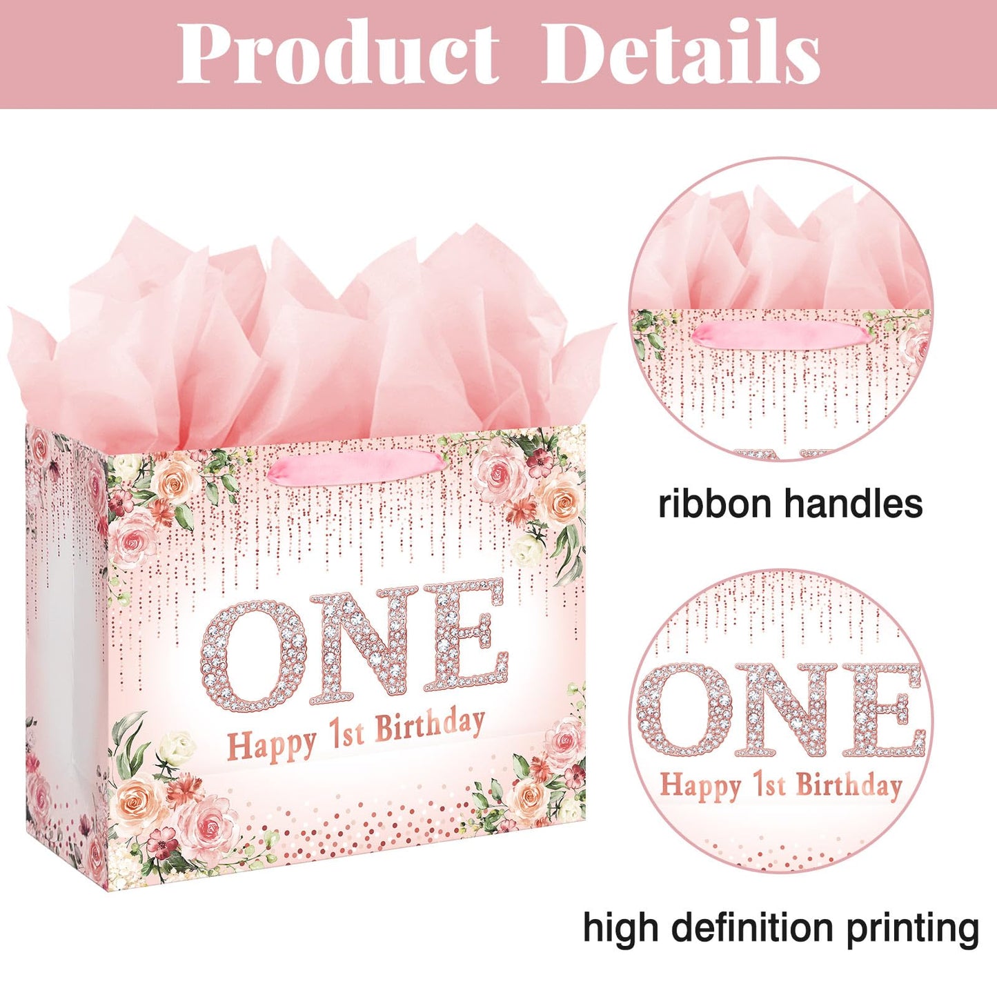 Laidans Rose Gold One Year Old Happy Birthday Gift Bag with Tissue Paper and Card for Bday Party Supplies (Rose Gold) (1st)