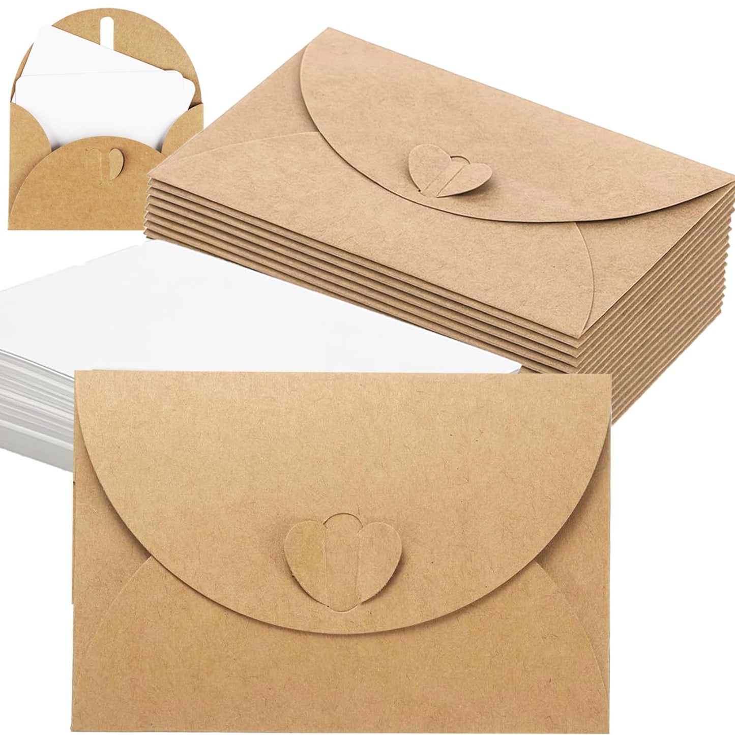 50 Pcs Mini Envelopes with Heart Clasp, Mini Cute Kraft Paper Envelopes,Gift Card Holders 4 x 2.7in,for Business Cards, Weddings Favors (50)